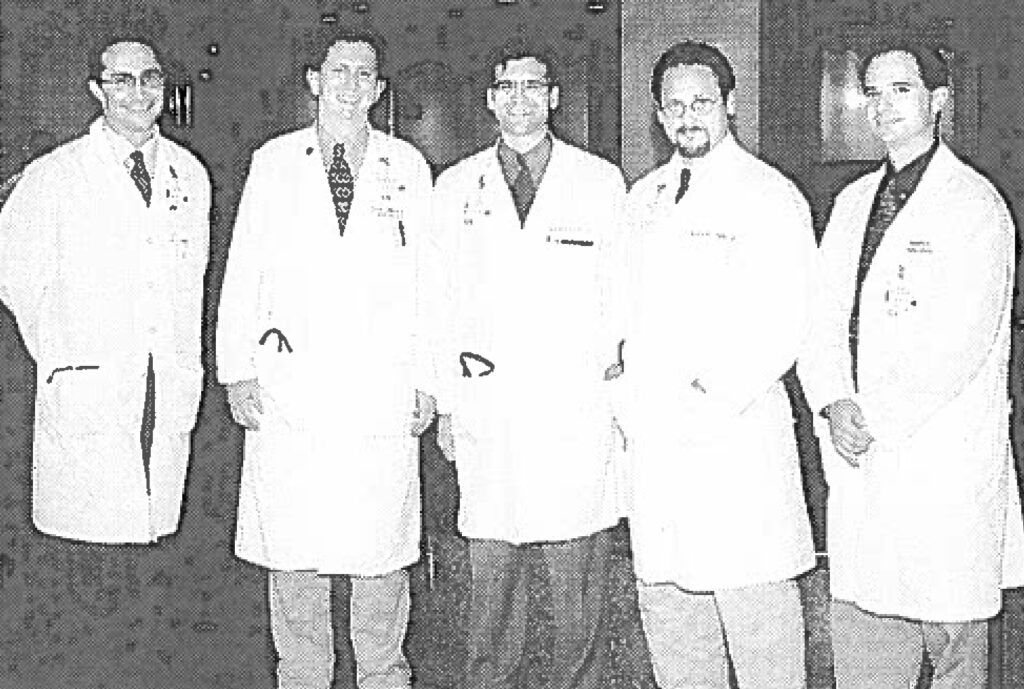 Original founding members of the hospital medicine program at WashU/Barnes-Jewish Hospital, from left to right: Dr. Michael Lazarus, Dr. Robert Mahoney, Dr. Geoffrey Cislo, Dr. Mark Thoelke, and Dr. Scott Wasserstrom